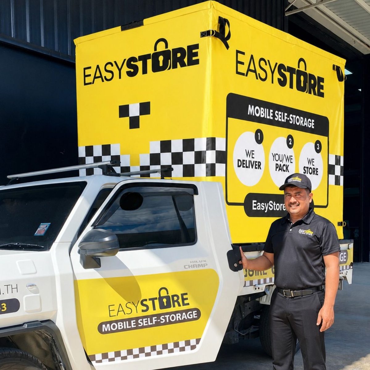EasyStore Bangkok driver with the delivery truck and a mobile self storage box